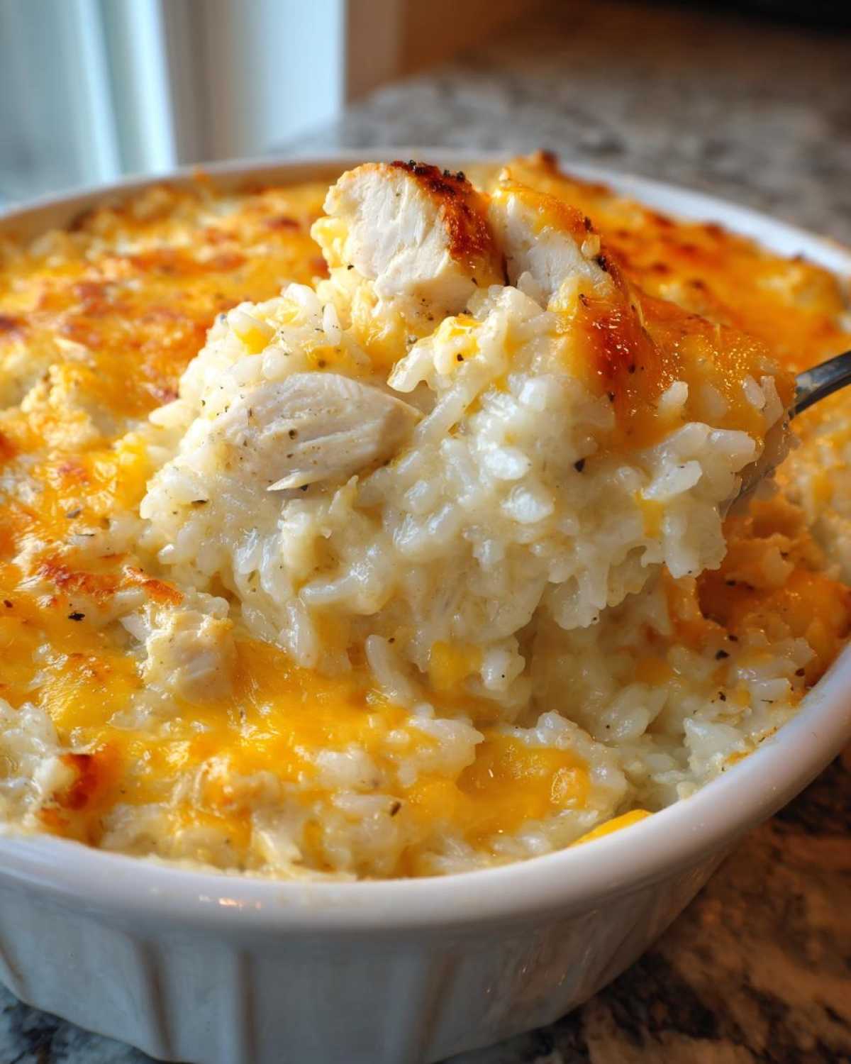A spoonful of creamy Angel Chicken Rice Casserole topped with melted cheddar cheese and chunks of chicken.