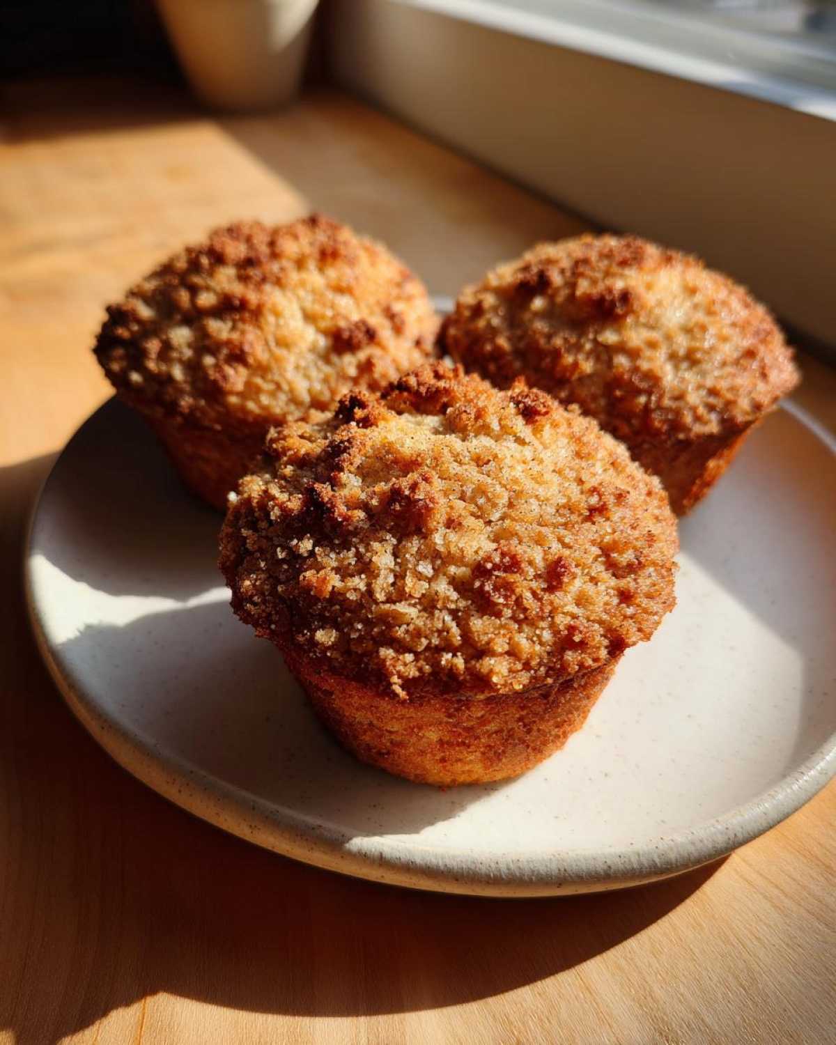 Three golden brown Applesauce Oatmeal Muffins with a crunchy streusel topping resting on a light ceramic plate.
