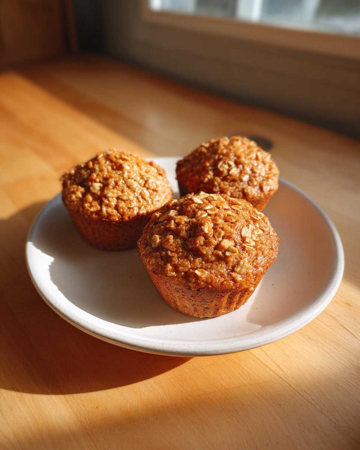 Three freshly baked Applesauce Oatmeal Muffins topped with oats, sitting on a light plate in warm sunlight.
