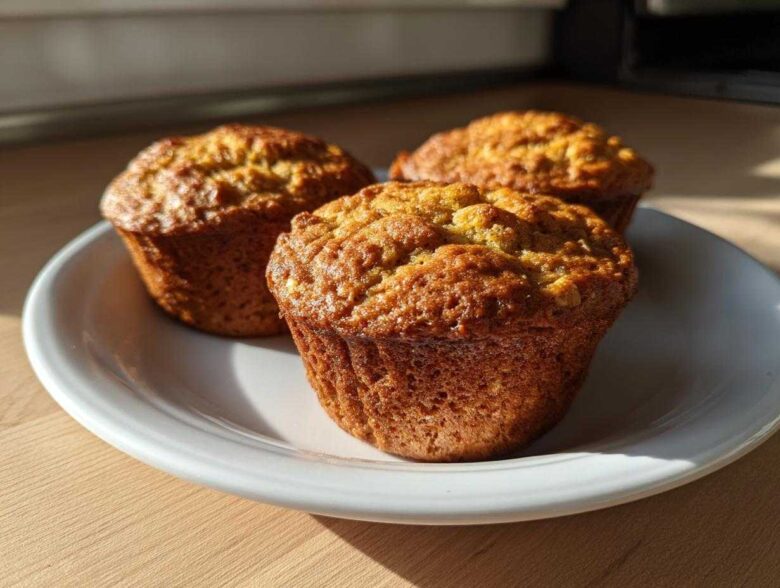 Three golden brown Applesauce Oatmeal Muffins sitting on a white plate in bright sunlight.
