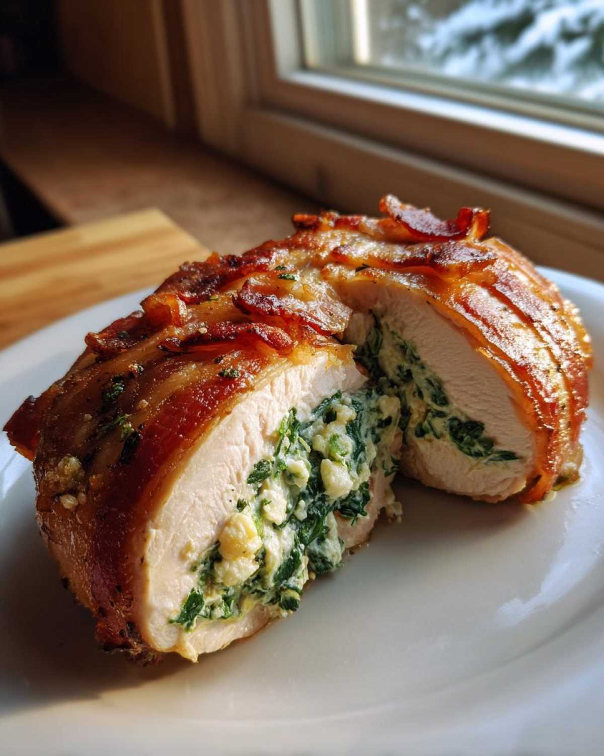 Cross-section of bacon-wrapped Stuffed Chicken breast revealing creamy spinach and cheese filling.