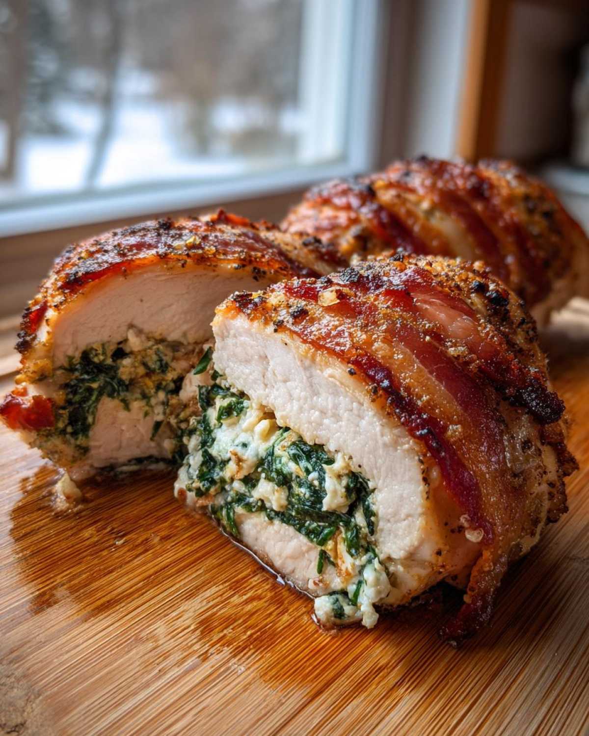 Close-up of bacon-wrapped Stuffed Chicken breast cut in half, revealing a creamy spinach and cheese filling.