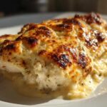 Close-up of a juicy Baked Caesar Chicken covered in a bubbly, browned Creamy Parmesan Sauce.
