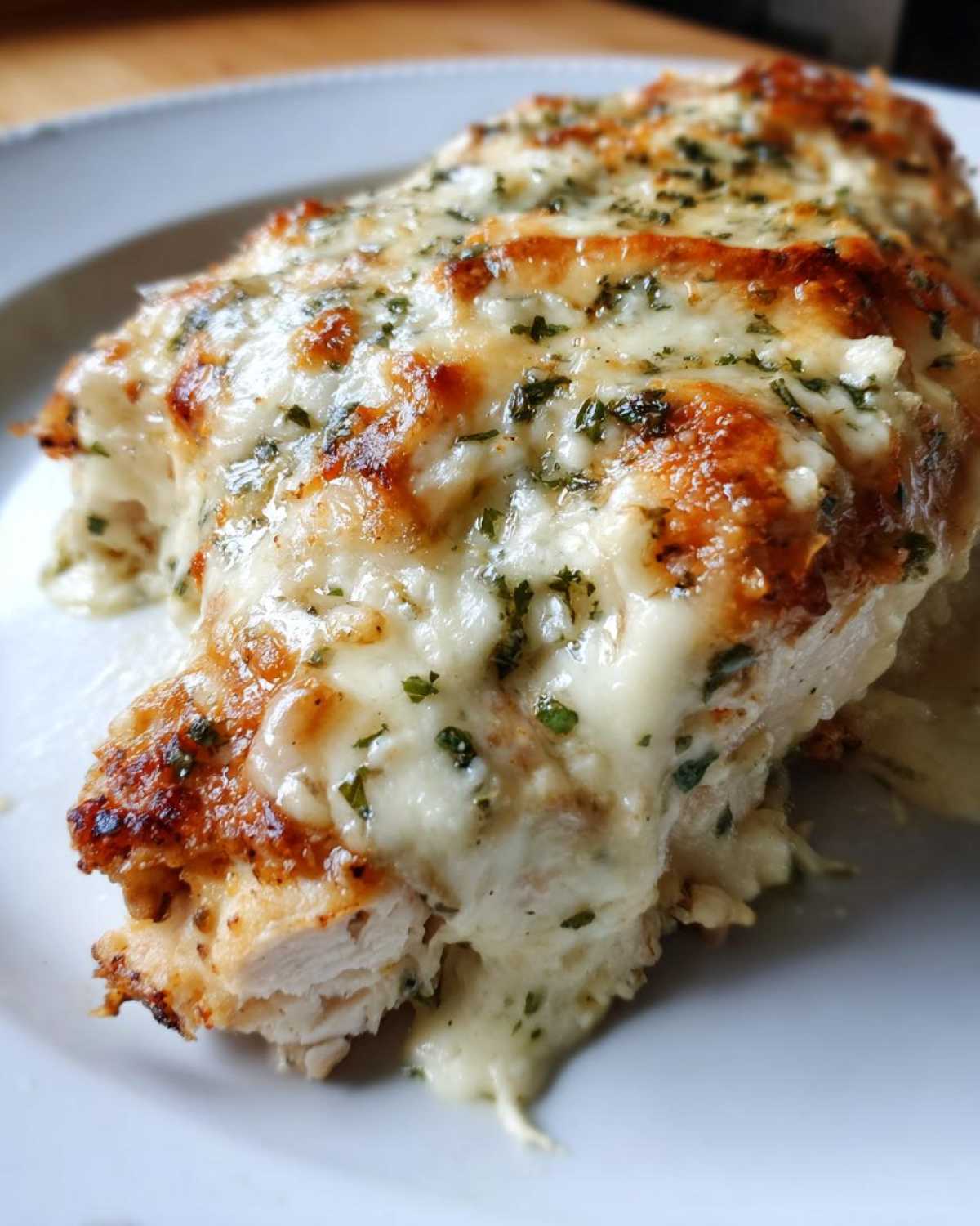 Close-up of baked chicken breast smothered in melted, bubbly Creamy Parmesan Sauce and sprinkled with herbs.