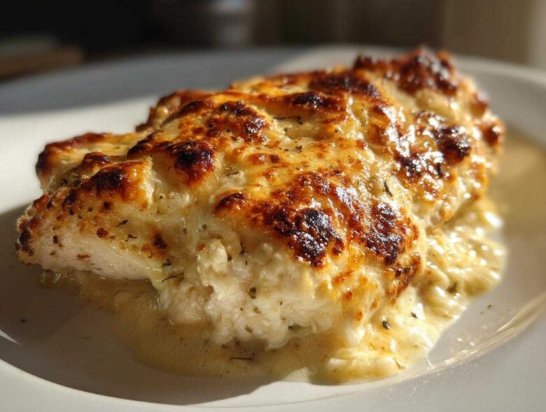 Close-up of a juicy Baked Caesar Chicken covered in a bubbly, browned Creamy Parmesan Sauce.