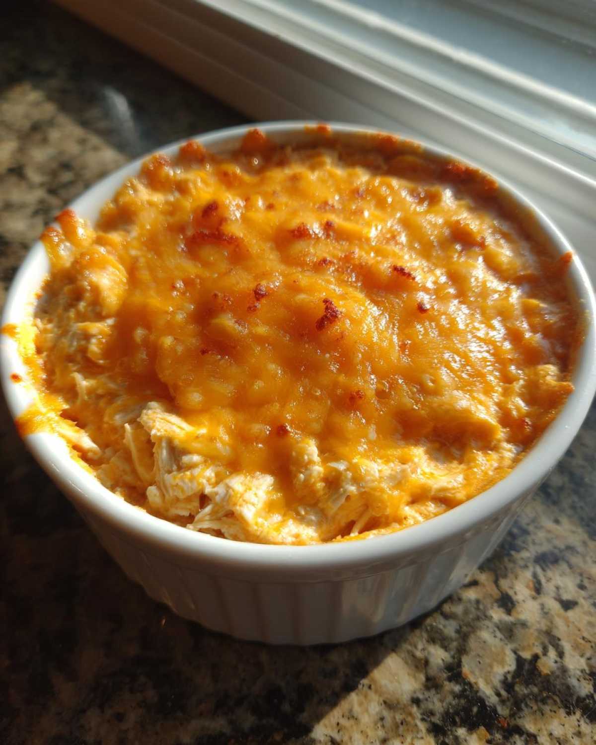 Close-up of baked cottage cheese buffalo chicken dip topped with melted orange cheddar cheese in a white ramekin.