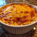 Close-up of hot, bubbly cottage cheese buffalo chicken dip topped with melted, browned cheddar cheese in a white ramekin.