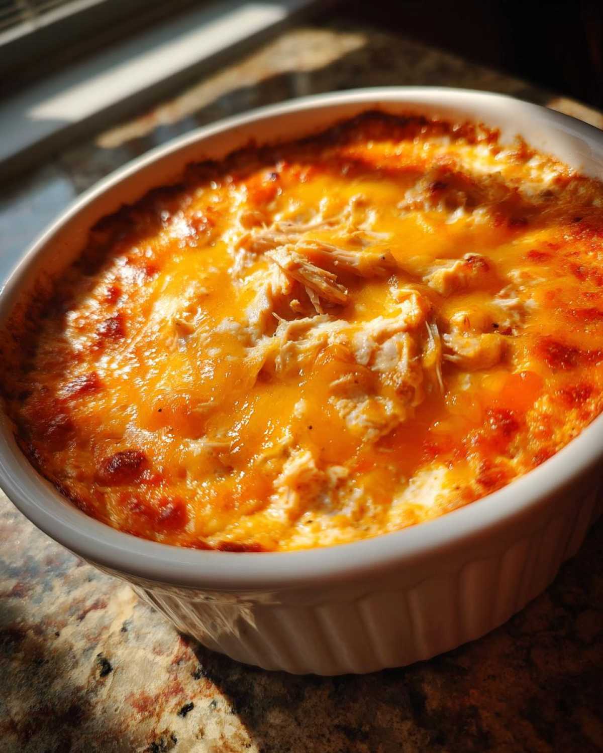 Close-up of hot, bubbly cottage cheese buffalo chicken dip topped with melted orange cheese in a white baking dish.