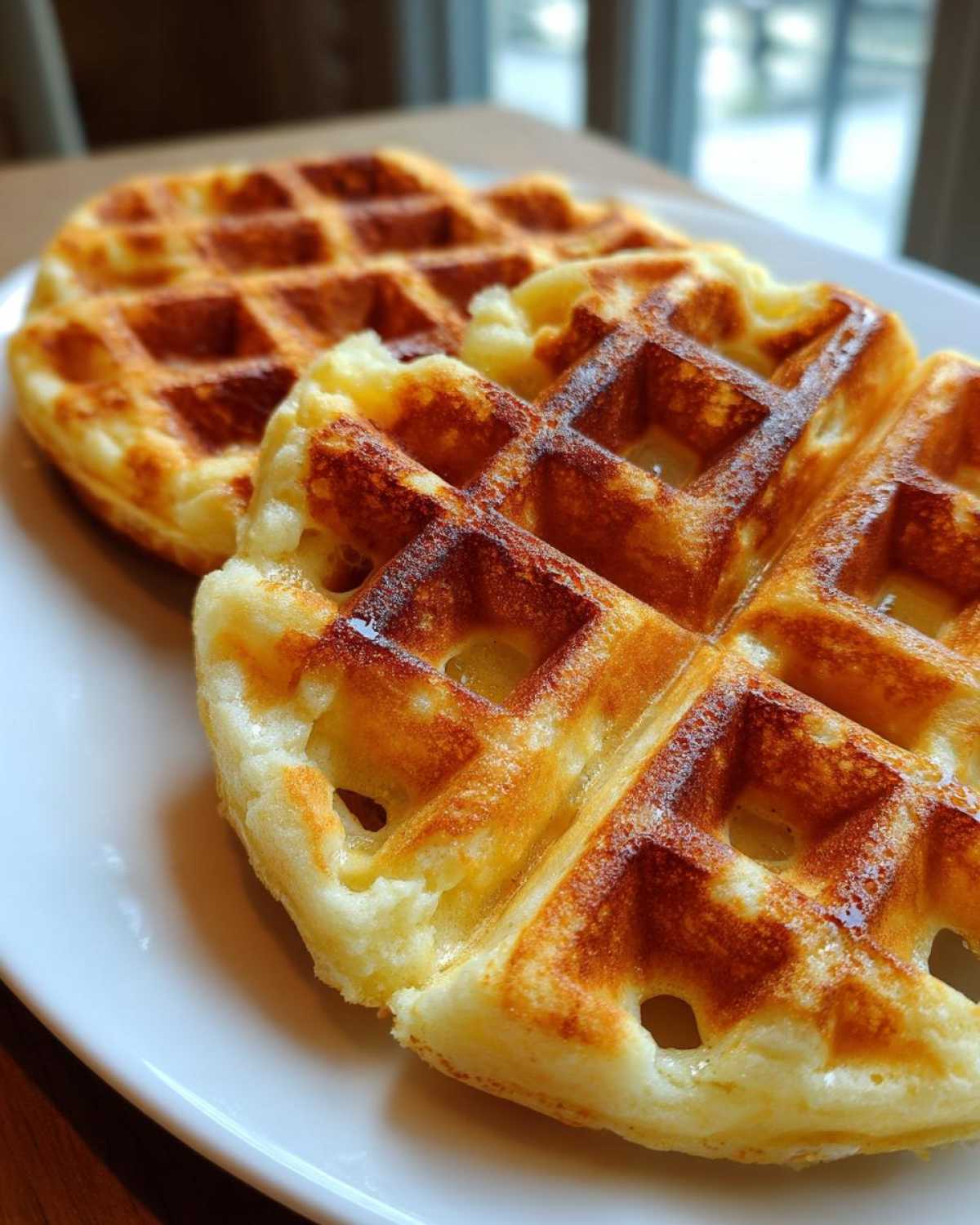 Close-up of two golden brown Belgian Waffles made from the Belgian Waffle Batter recipe, served on a white plate.