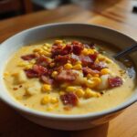 A close-up of a bowl of rich, yellow corn chowder topped generously with crispy bacon bits and whole corn kernels.