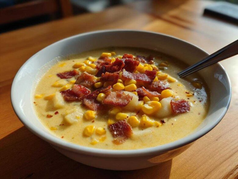 A close-up of a bowl of rich, yellow corn chowder topped generously with crispy bacon bits and whole corn kernels.