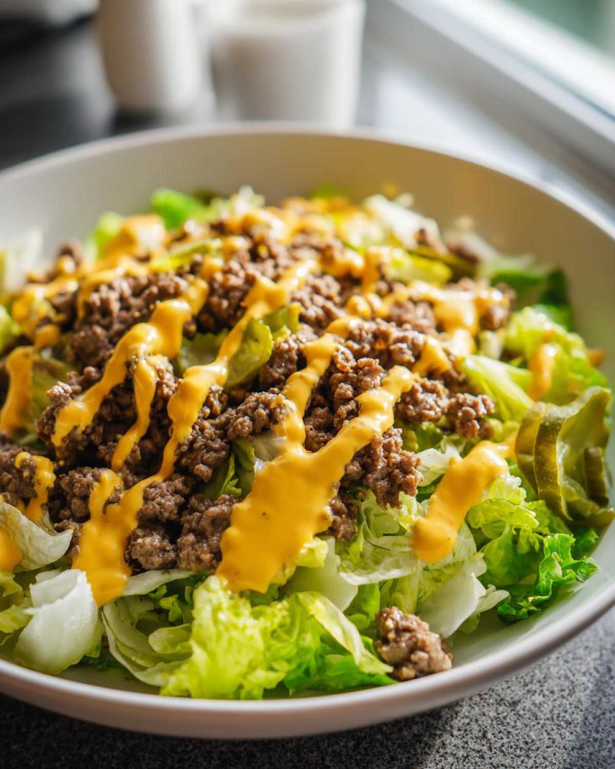 A close-up view of a bowl filled with a big mac salad, featuring crisp lettuce, seasoned ground beef, pickles, and a drizzle of yellow cheese sauce.