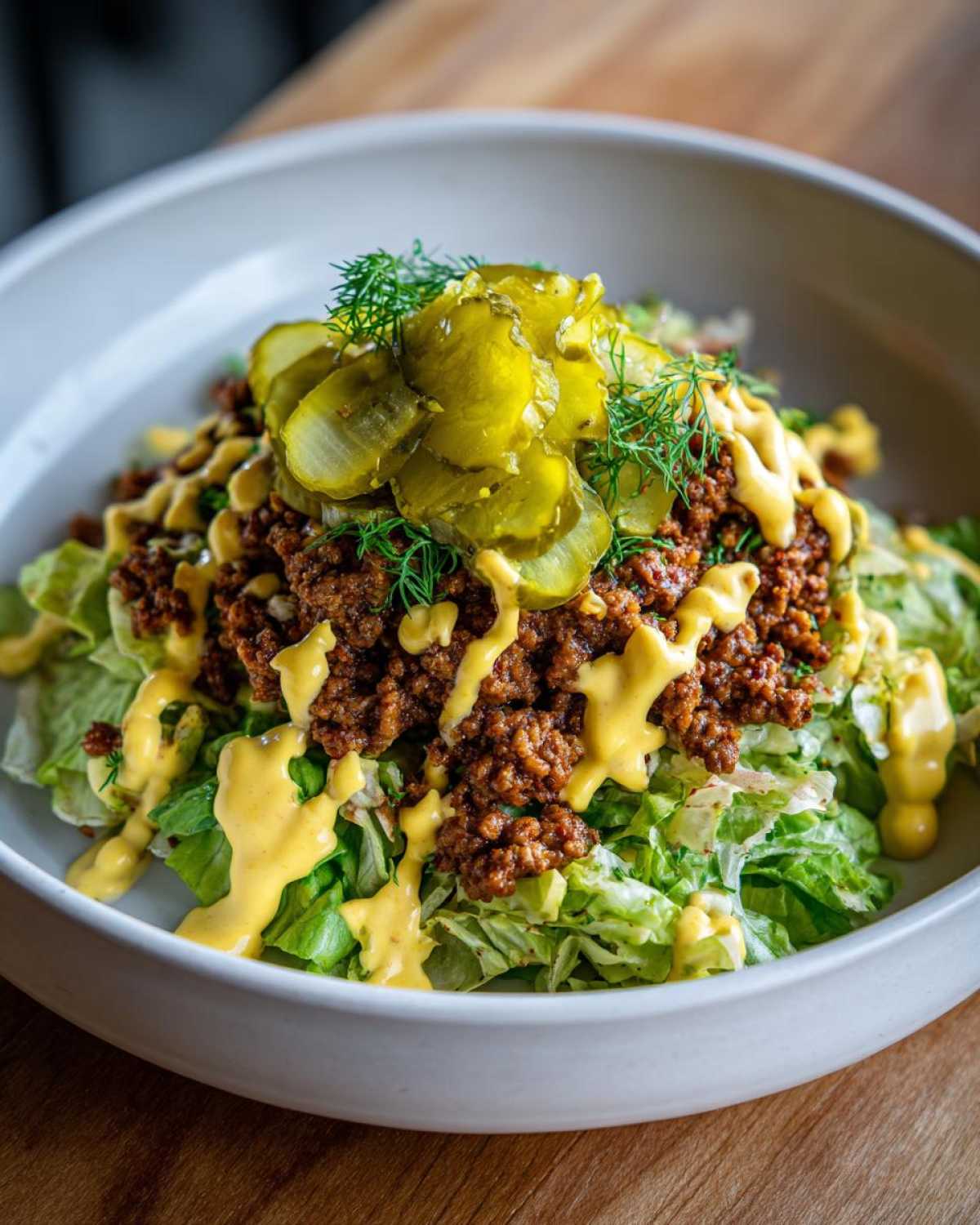 A close-up of a big mac salad featuring chopped lettuce, seasoned ground beef, yellow sauce drizzle, and sliced pickles on top.