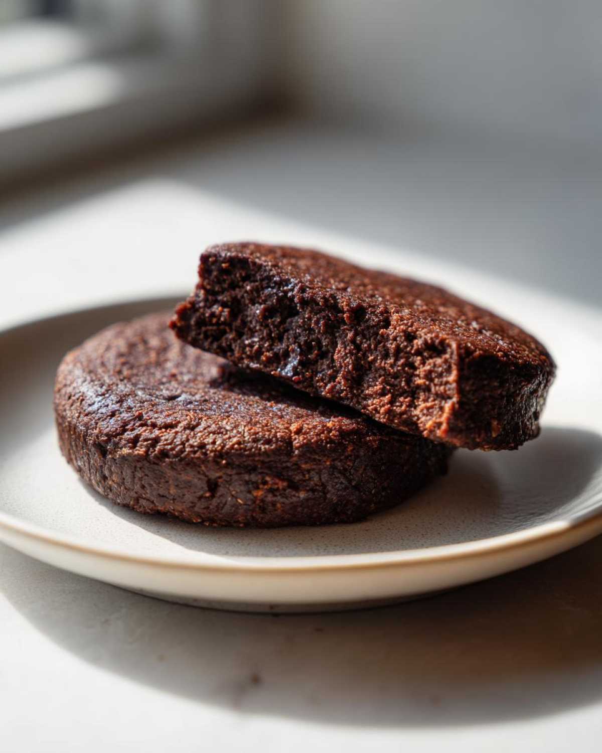 Close-up of a dark brown, dense black bean burger patty cut in half, showing the interior texture.