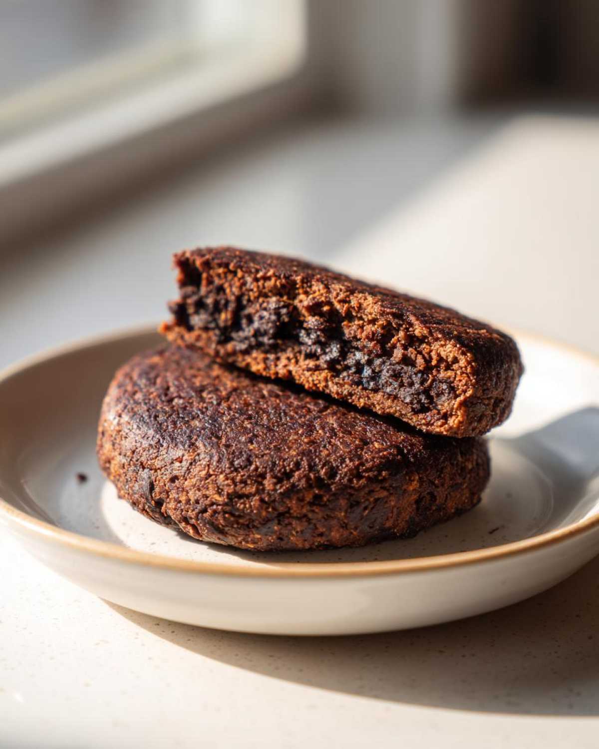Close-up of a dark, rich black bean burger patty, cut in half to show the dense interior texture.