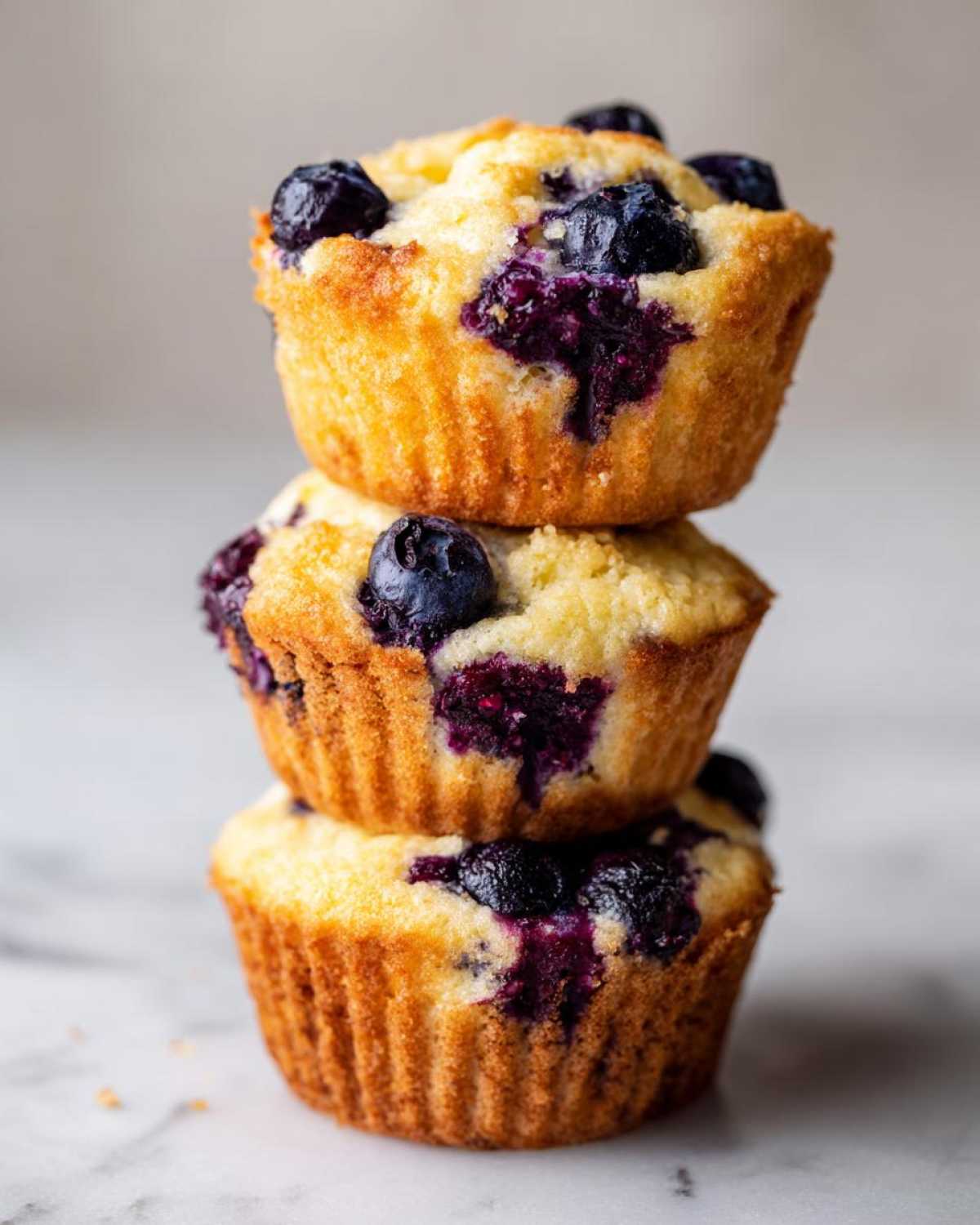 Three fluffy blueberry cottage cheese muffins stacked vertically on a light marble surface.