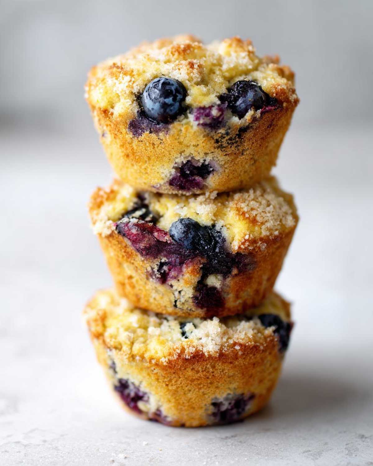 Three fluffy blueberry cottage cheese muffins stacked vertically with a sugary crumble topping.