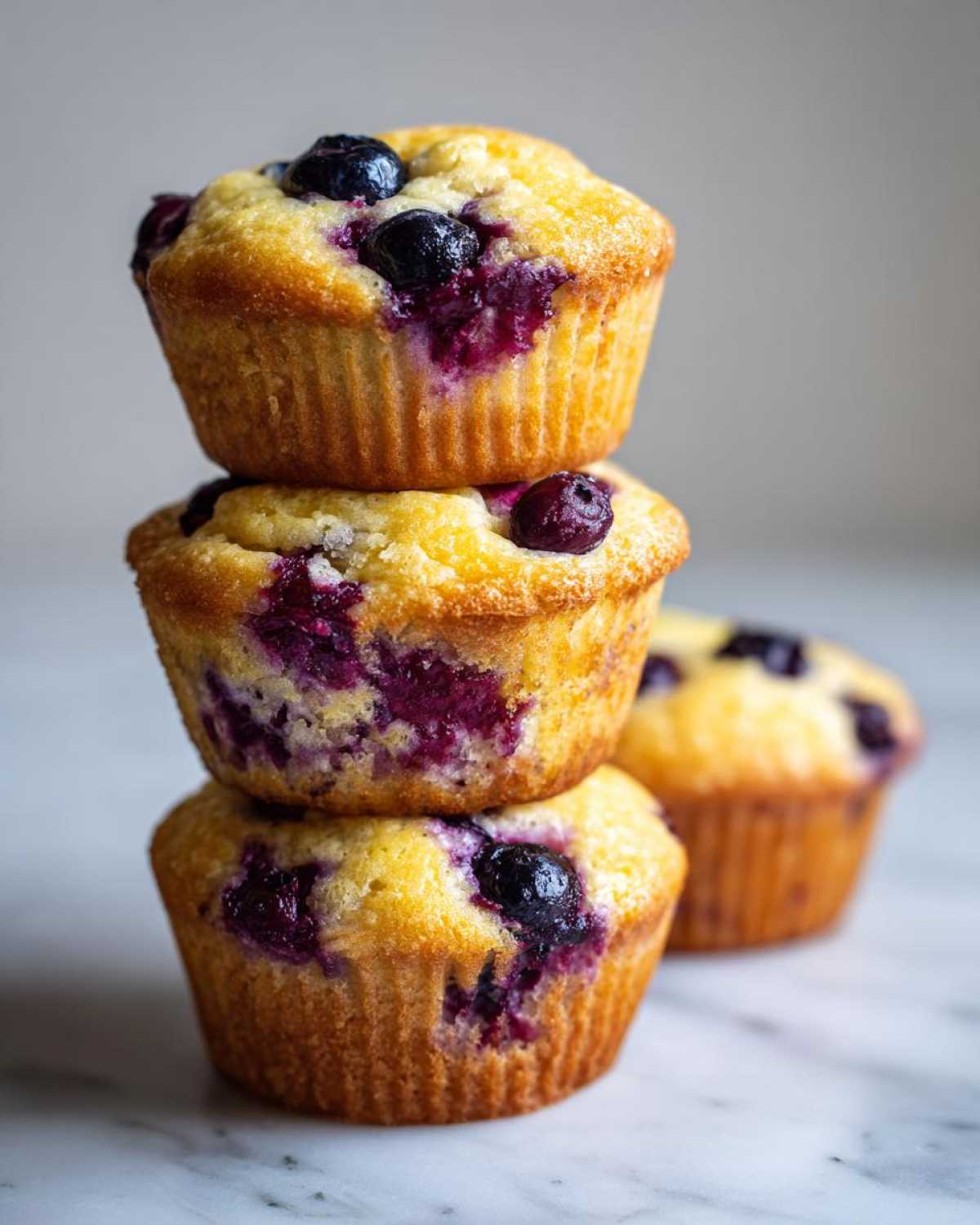 A stack of three golden-brown blueberry cottage cheese muffins with visible bursts of purple blueberry filling.