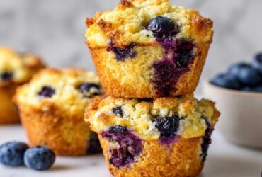 Two fluffy blueberry cottage cheese muffins stacked on a white surface with fresh blueberries scattered around.