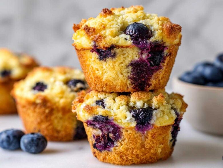 Two fluffy blueberry cottage cheese muffins stacked on a white surface with fresh blueberries scattered around.