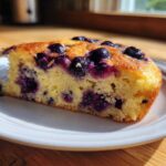 A golden slice of blueberry sheet pan pancakes, rich with fruit, served on a white plate.