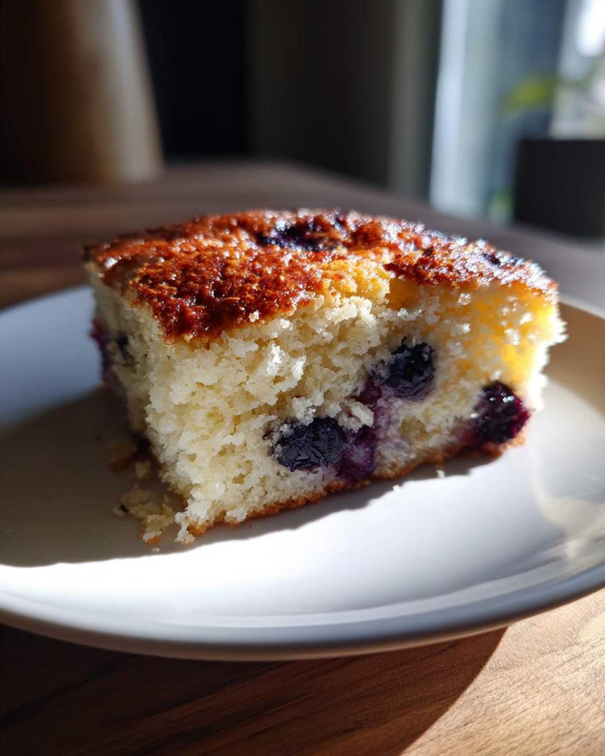 A close-up of a square slice of fluffy blueberry sheet pan pancakes with a golden-brown top.