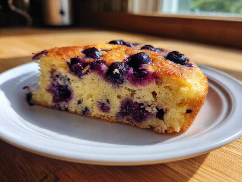 A golden slice of blueberry sheet pan pancakes, rich with fruit, served on a white plate.