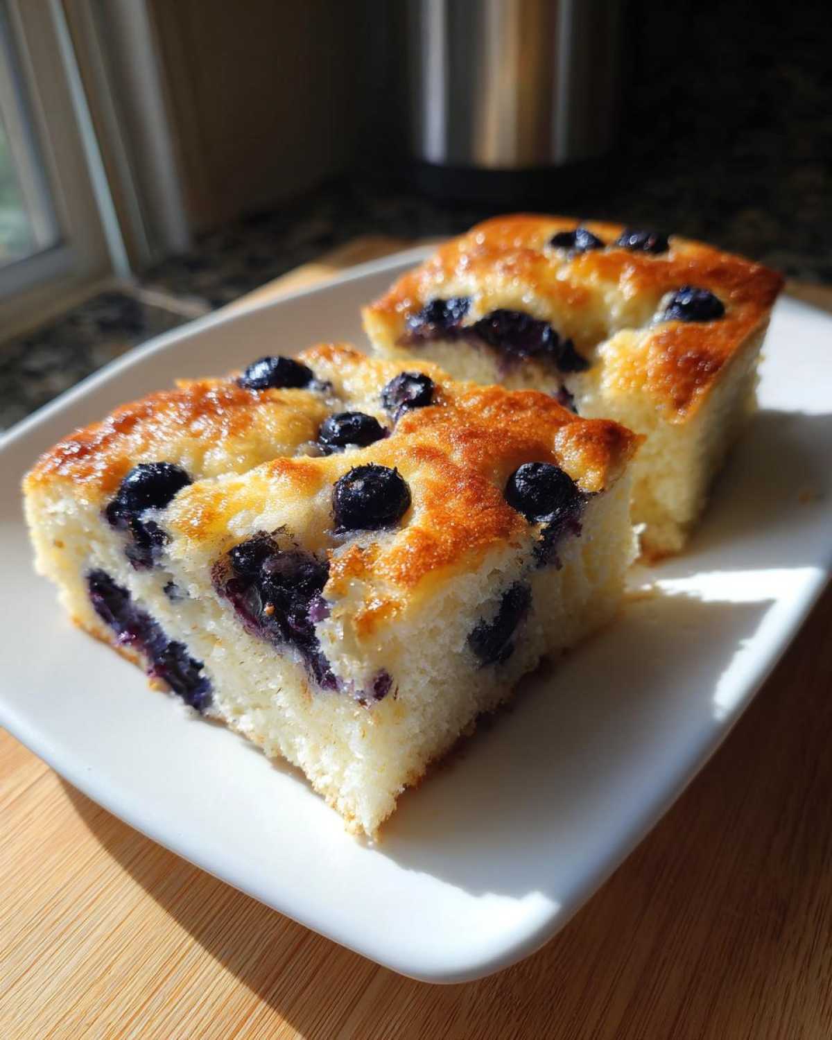 Two golden-brown squares of blueberry sheet pan pancakes served on a white plate.