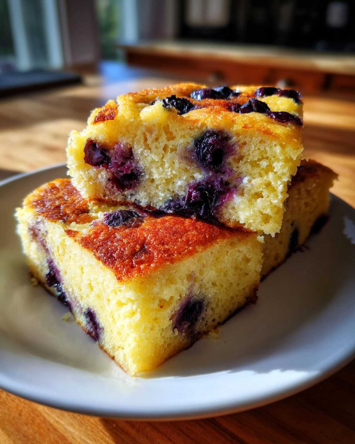 Two stacked slices of golden blueberry sheet pan pancakes on a white plate, showing the fluffy interior.