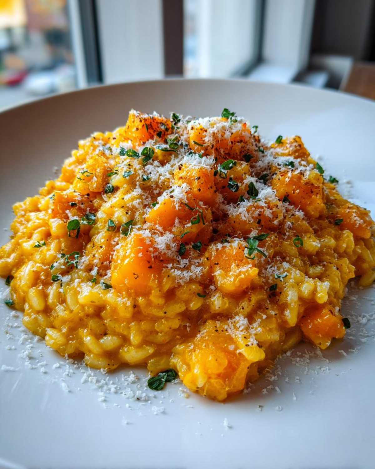 A close-up of creamy butternut squash risotto topped with grated Parmesan and fresh herbs.