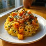A close-up of creamy butternut squash risotto topped with roasted squash cubes, herbs, and grated cheese.