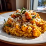 A close-up of creamy butternut squash risotto topped with grated Parmesan cheese and fresh sage leaves.