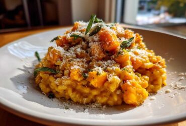 A close-up of creamy butternut squash risotto topped with grated Parmesan cheese and fresh sage leaves.