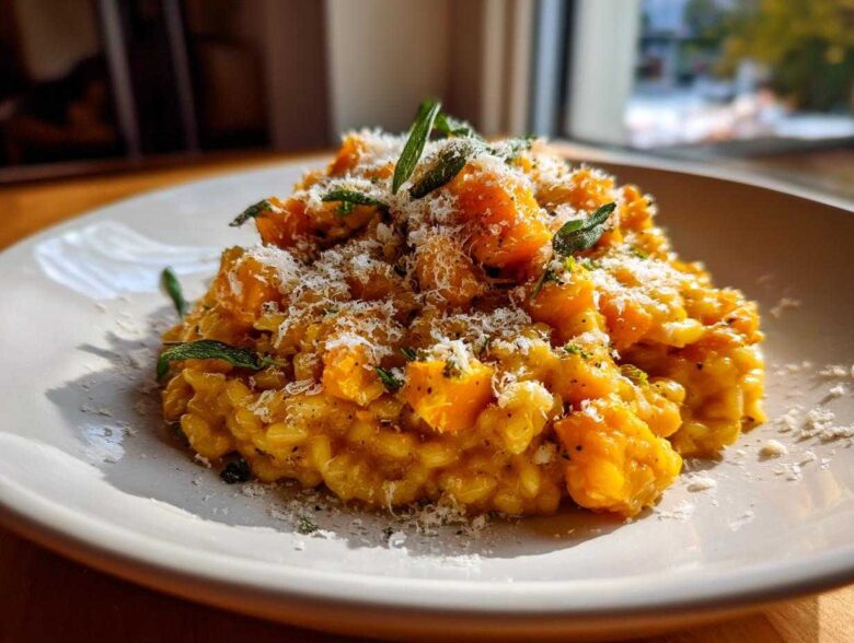 A close-up of creamy butternut squash risotto topped with grated Parmesan cheese and fresh sage leaves.