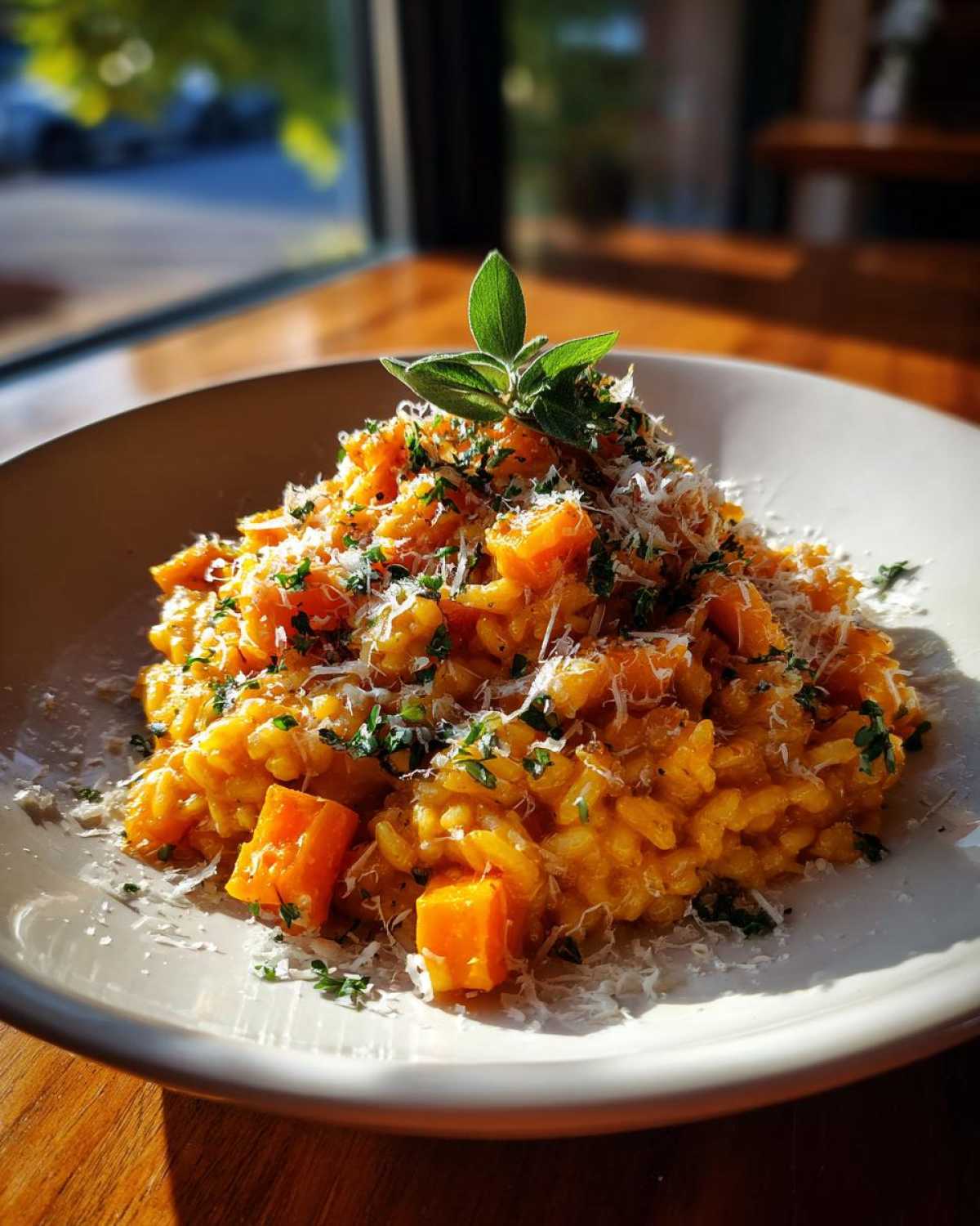 A close-up of creamy butternut squash risotto topped with grated cheese, parsley, and a sage sprig, beautifully lit by sunlight.
