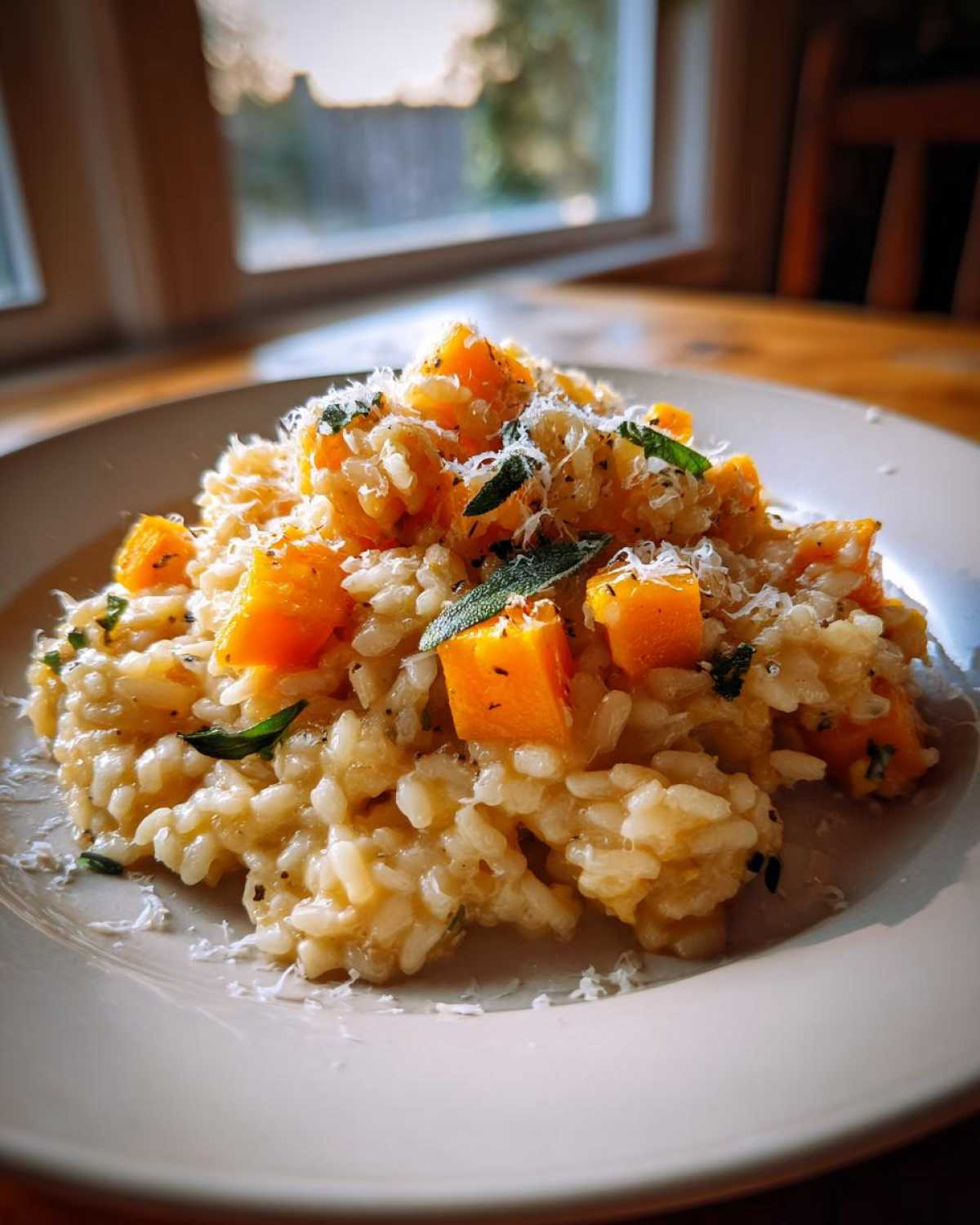 A close-up of creamy butternut squash risotto topped with cubed squash, grated cheese, and fresh sage leaves.