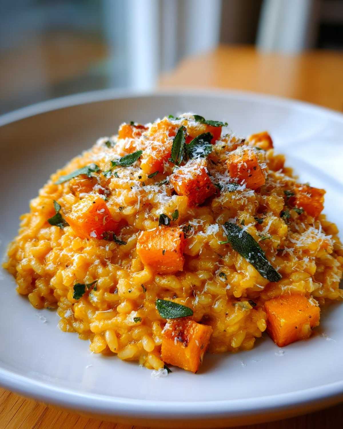 A close-up of creamy butternut squash risotto topped with roasted squash cubes, fresh sage leaves, and grated Parmesan cheese.