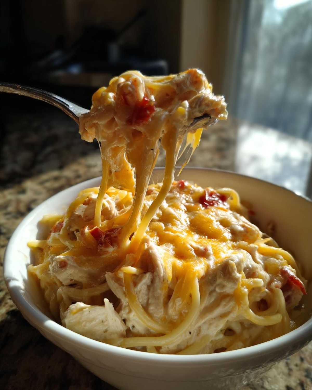 A fork lifting a cheesy, creamy bite of chicken spaghetti out of a white bowl, showing long cheese pulls.