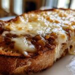 Close-up of a toasted bread slice topped with caramelized onions and melted Gruyère cheese, perfect for crockpot french onion soup.