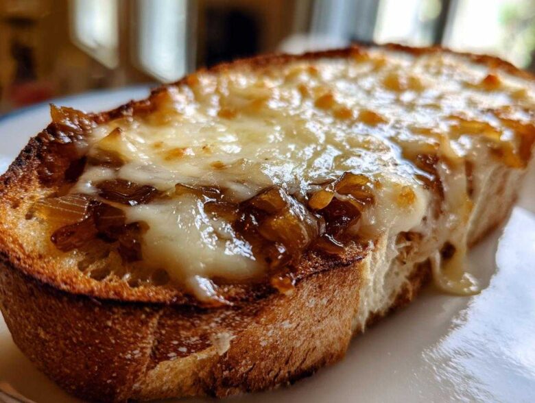Close-up of a toasted bread slice topped with caramelized onions and melted Gruyère cheese, perfect for crockpot french onion soup.