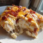 A serving of creamy Chicken Bacon Ranch Casserole showing a satisfying cheese pull, topped with melted cheddar and bacon bits.