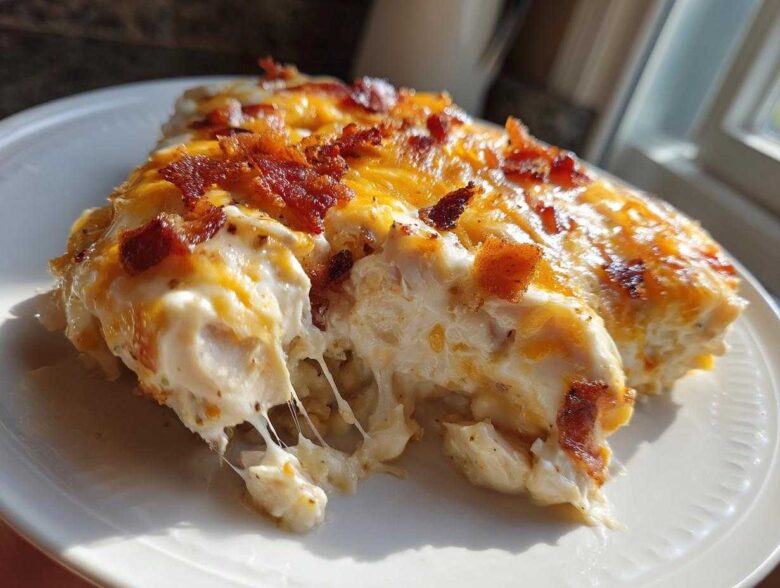 A serving of creamy Chicken Bacon Ranch Casserole showing a satisfying cheese pull, topped with melted cheddar and bacon bits.