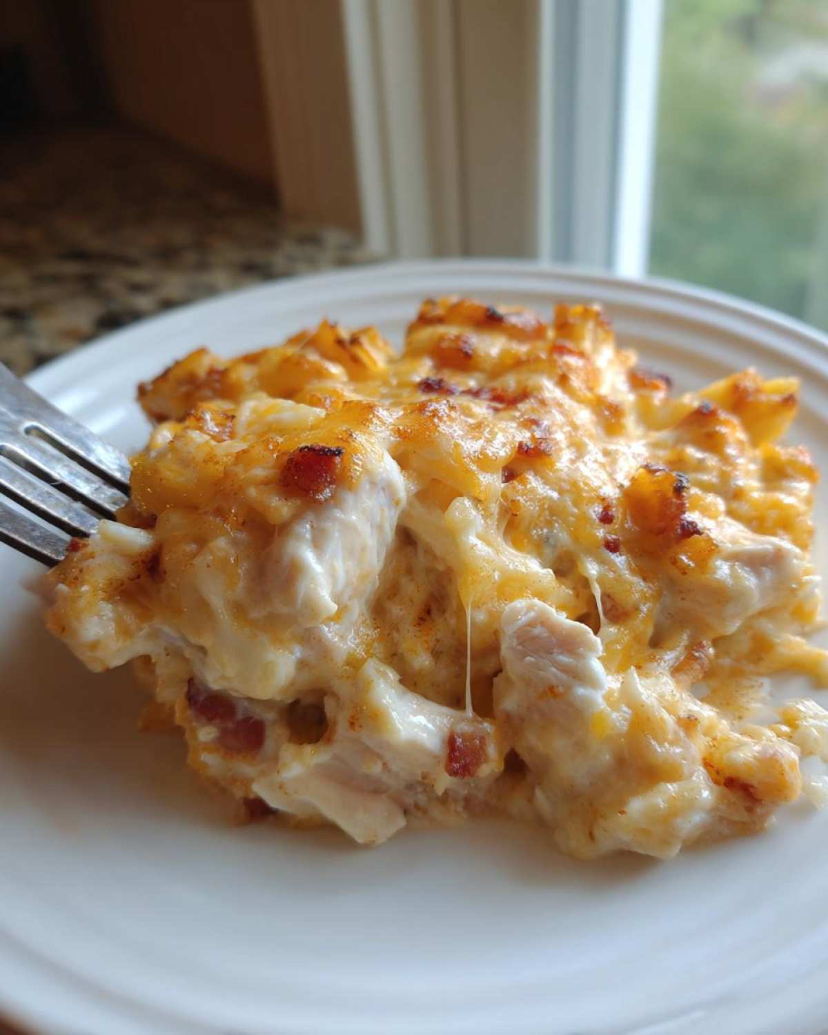 Close-up of a serving of creamy Chicken Bacon Ranch Casserole with melted, browned cheese and bacon bits.
