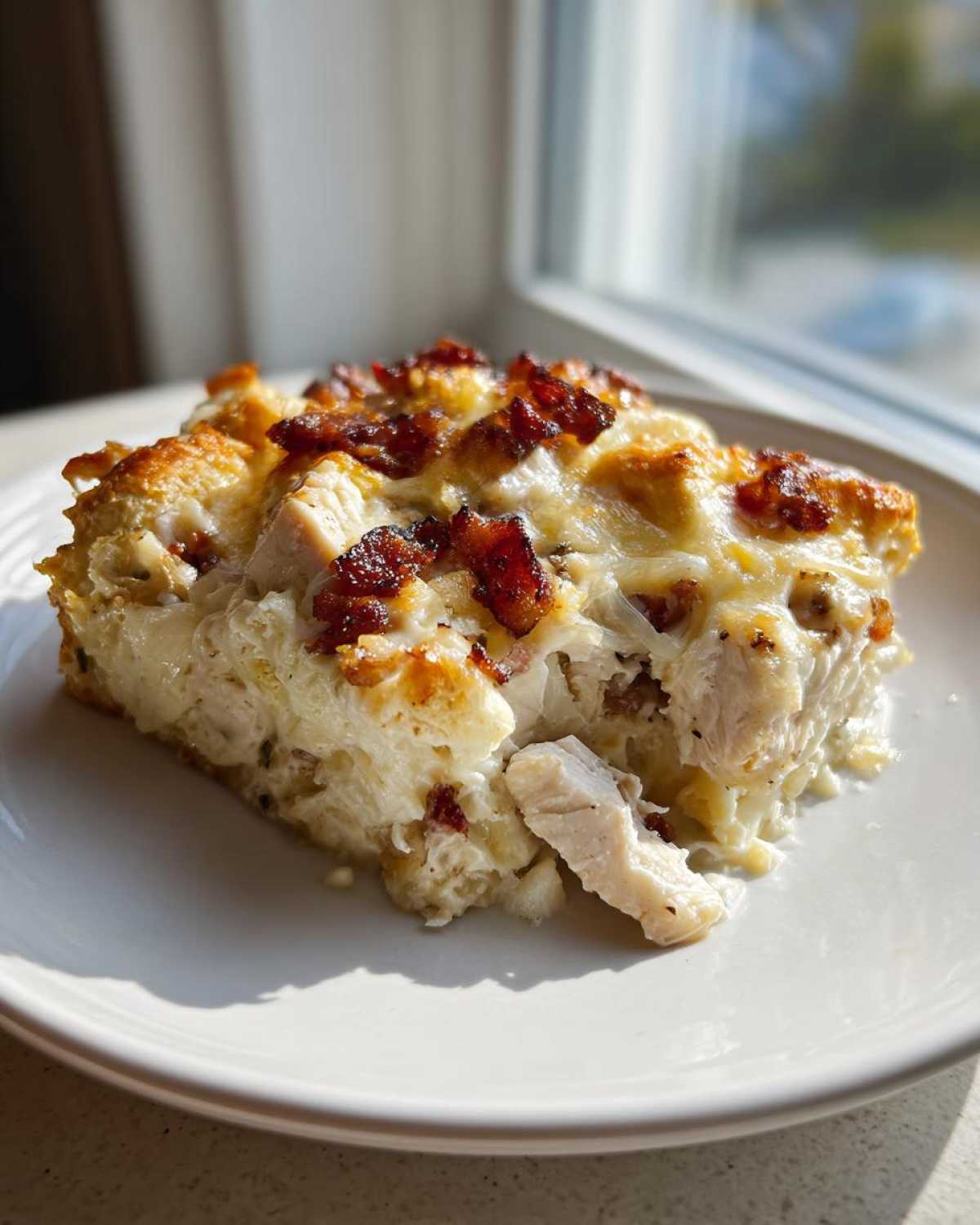 A close-up serving of baked Chicken Bacon Ranch Casserole, showing chunks of chicken, creamy sauce, and crispy bacon bits on top.