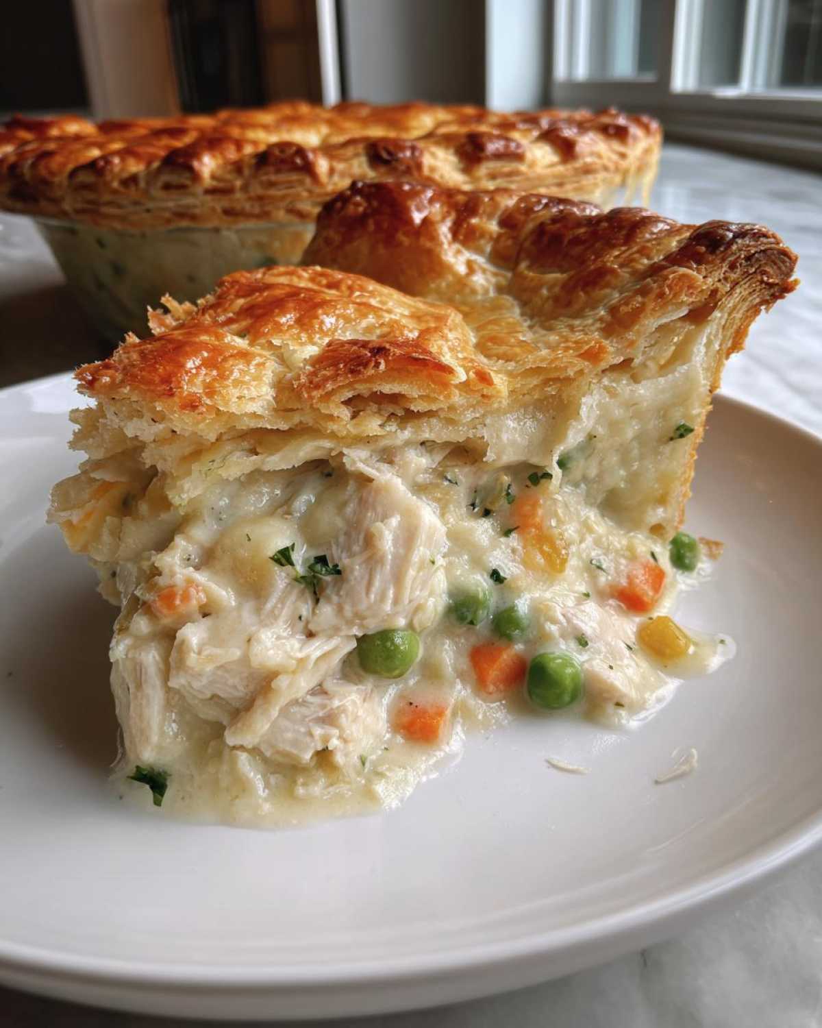 A close-up slice of creamy chicken pot pie recipe showing flaky crust, shredded chicken, peas, and carrots.