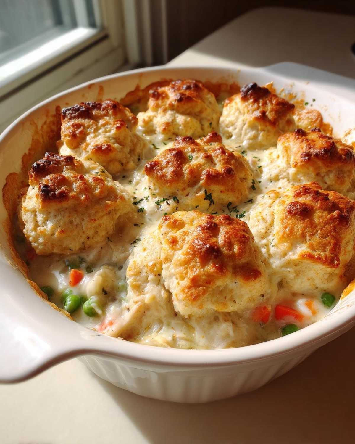 A white baking dish filled with creamy chicken pot pie with biscuits topping, featuring golden brown biscuits and visible peas and carrots.