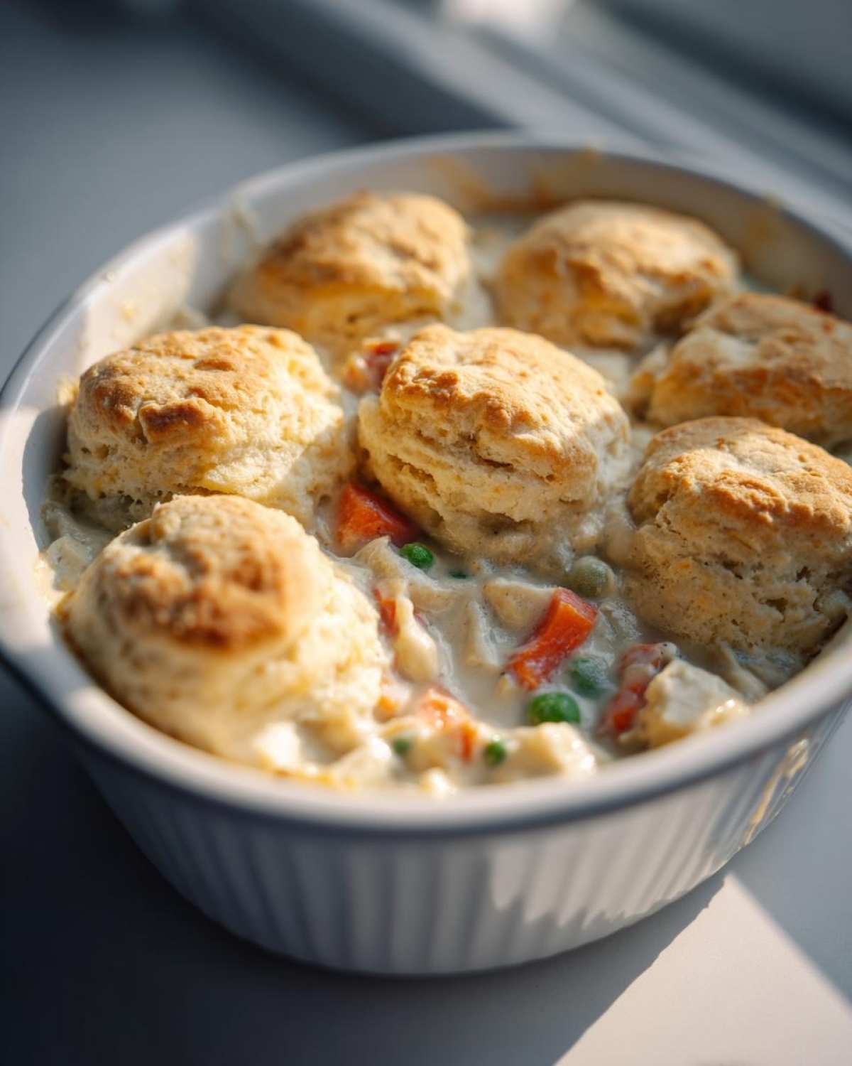 Close-up of a white baking dish filled with creamy chicken pot pie with biscuits topping, showing carrots and peas.