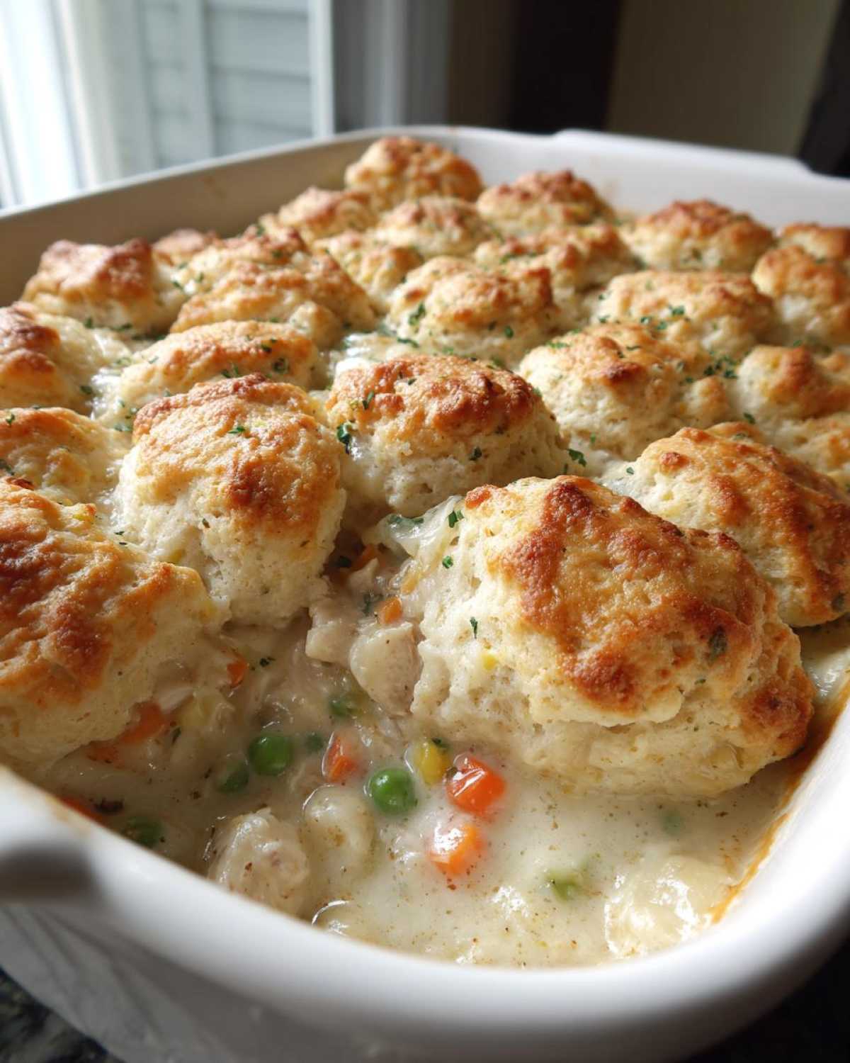Close-up of a homemade chicken pot pie with biscuits, showing golden biscuits over creamy filling with peas and carrots.