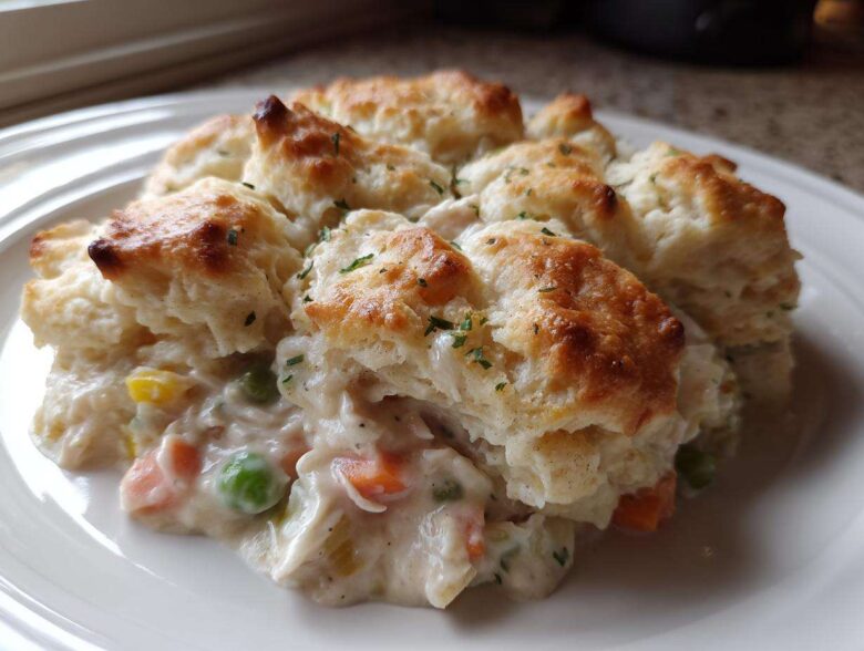 A close-up of a serving of creamy chicken pot pie with biscuits topping, showing carrots and peas.