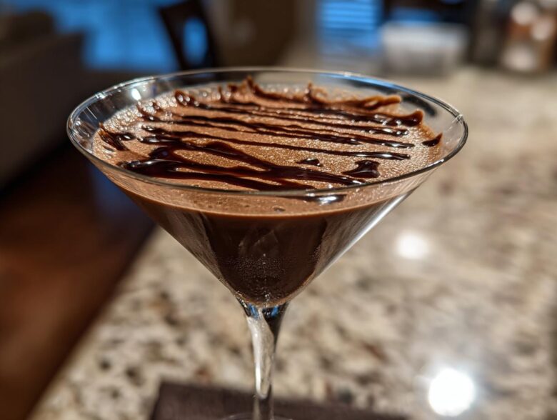Close-up of a rich, frothy chocolate martini in a stemmed glass, topped with a dark chocolate syrup drizzle.